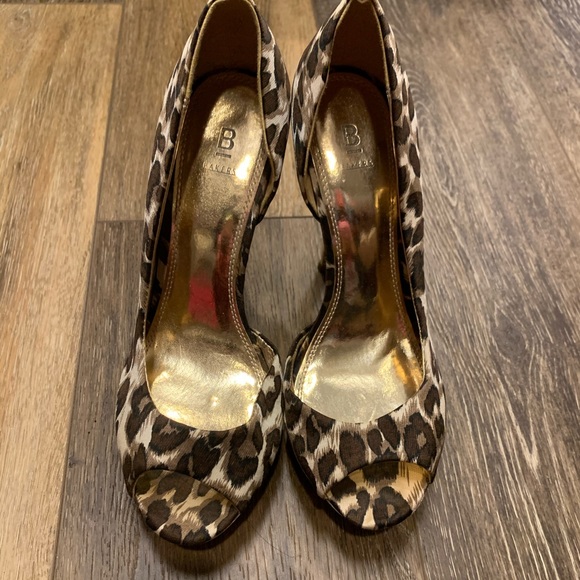 Leopard Print Gold Platform Open Toe Heels - Picture 1 of 2